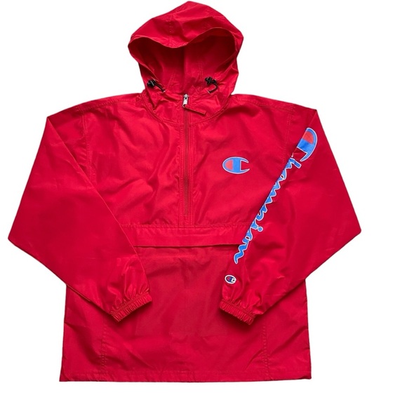 Champion Logo Quarter Zip Packable Hooded Windbreaker Jacket Men’s Size S Red - Picture 1 of 10